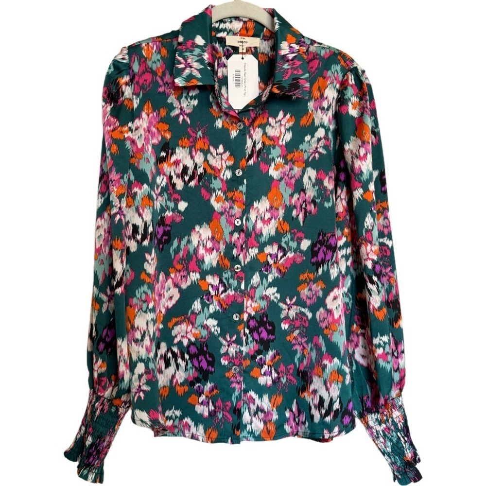 Entro Watercolor Floral Long Sleeve Blouse Claudia Teal Green Size M NEW Cottage